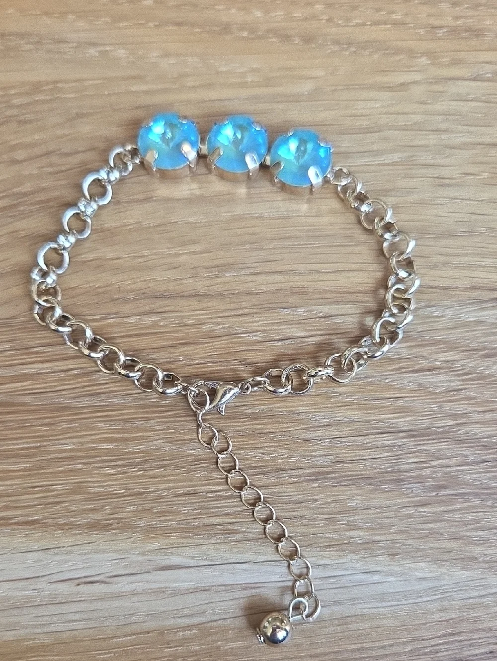 Blue / Green Sparkly Crystals Gold Rolo Chain Bracelet - Hand Crafted